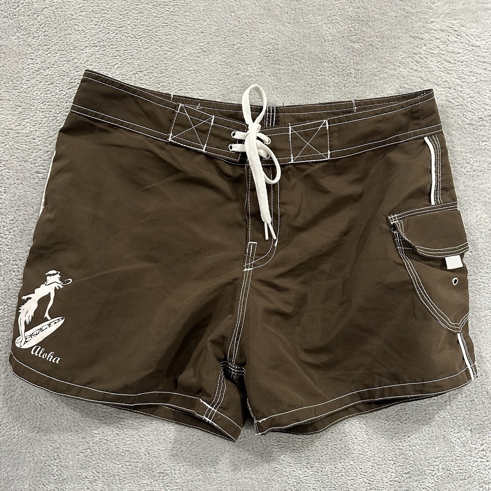 Tapa Threads Swim Shorts Women 34 W Brown Aloha Surf Y2K Vtg Hawaiian Beach